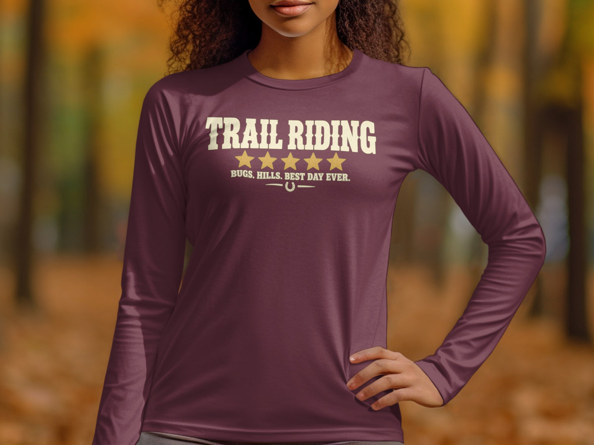 Maroon long-sleeve shirt with "TRAIL RIDING" text and horse shoe logo.