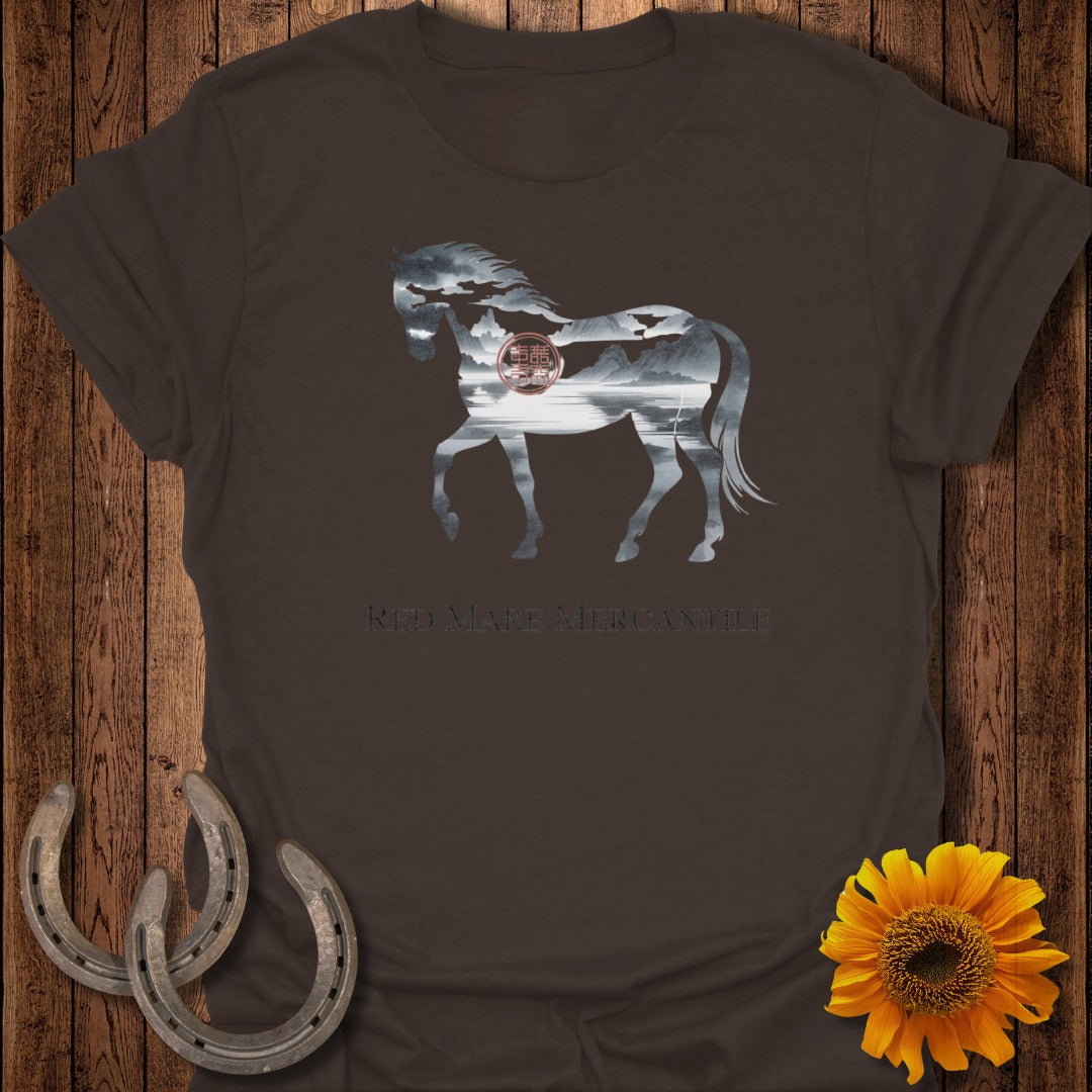 Brown t-shirt featuring a horse silhouette filled with a landscape scene.