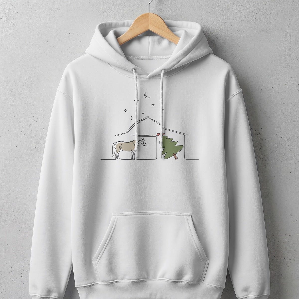 White hoodie with a minimalist line drawing of a horse and Christmas tree.