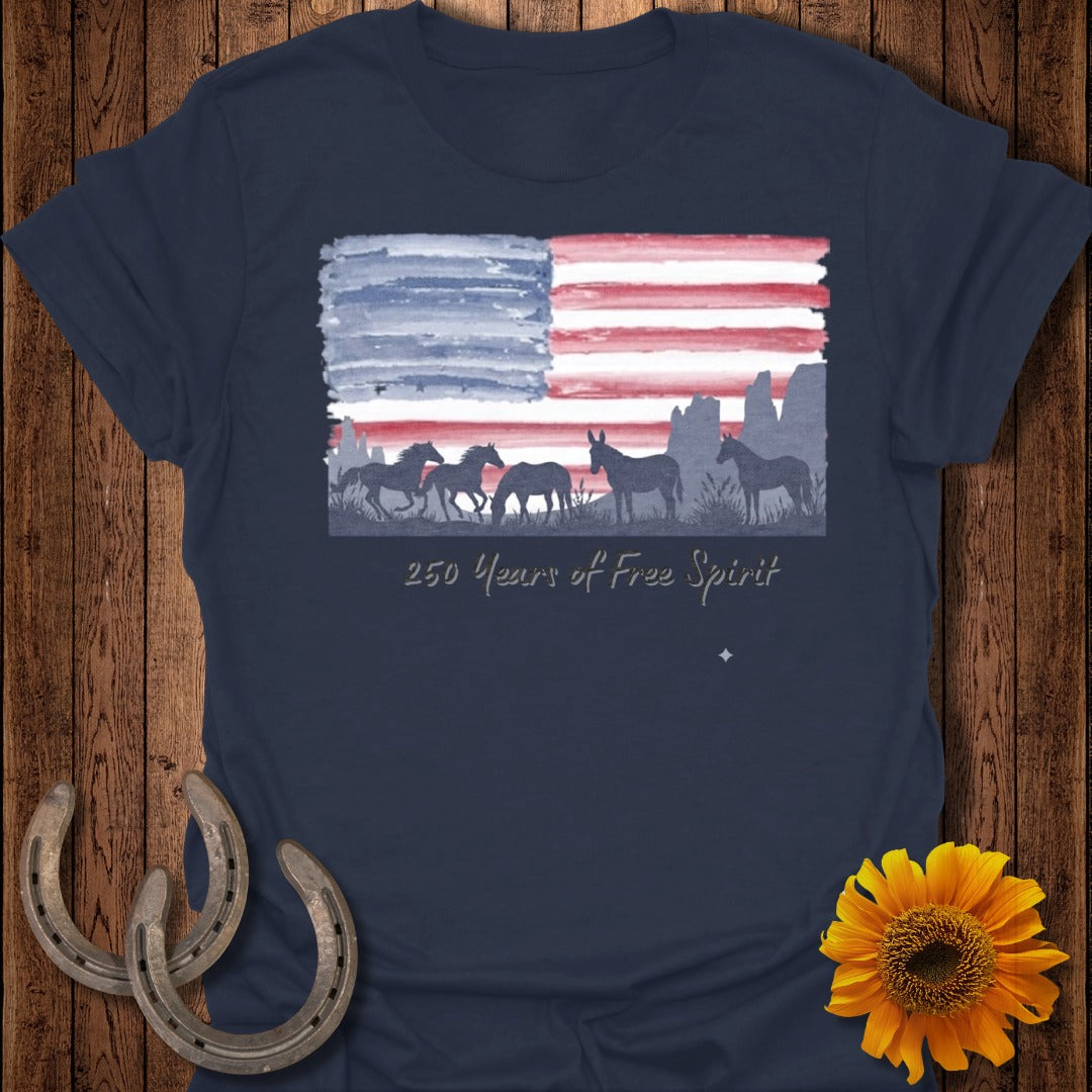 Navy t-shirt with American flag, horses, and mountains, commemorating 250 years.