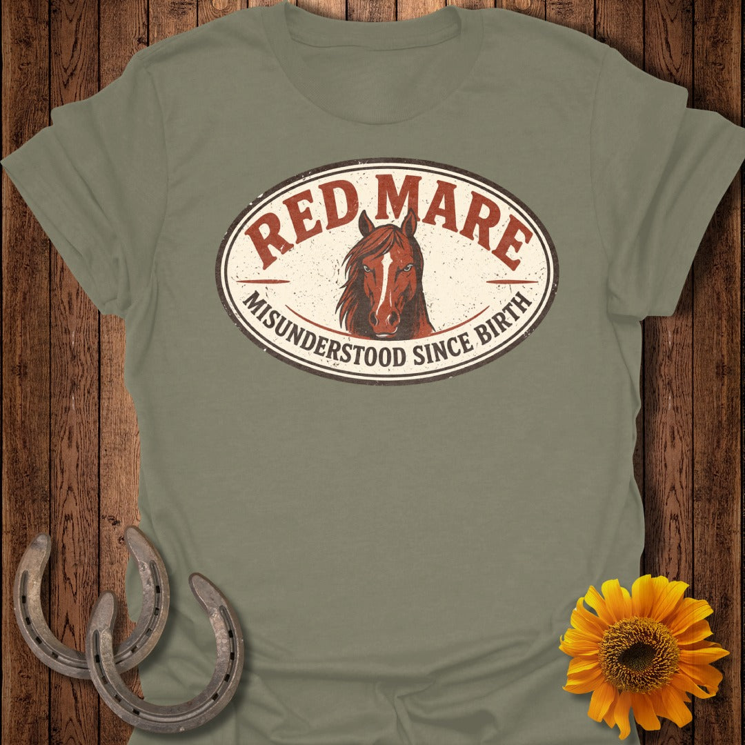 T-shirt with "Red Mare" and "Misunderstood Since Birth" text, horse graphic, and sunflowers.