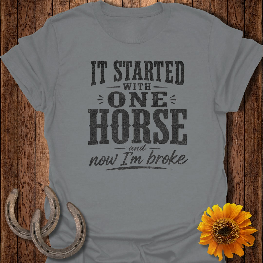 Gray t-shirt with "It started with one horse and now I'm broke" text.