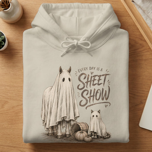 Light cream hoodie with ghost horse and cat graphic and text "Every day is a sheet show".