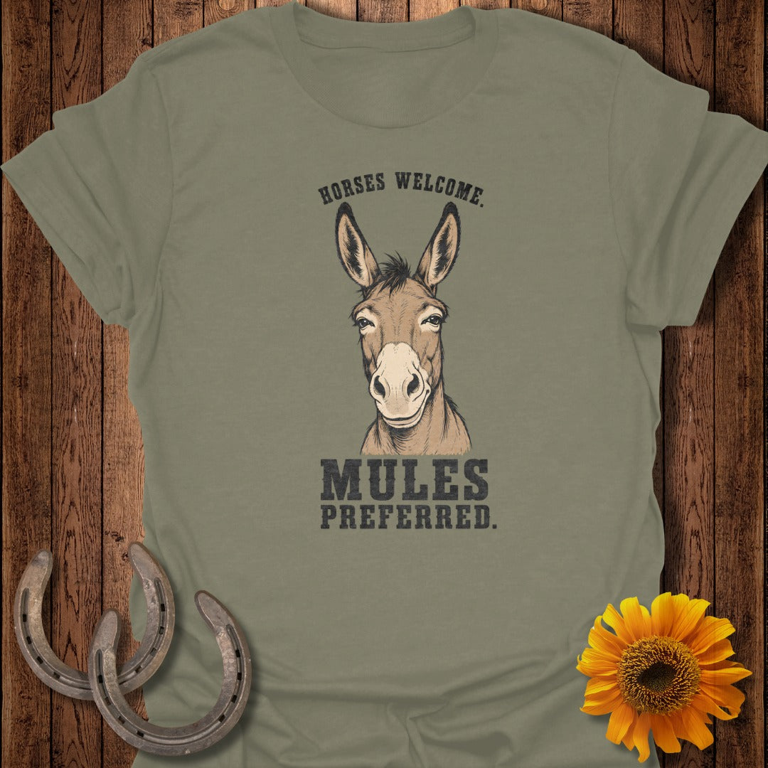 T-shirt with mule graphic and text "Horses Welcome. Mules Preferred."