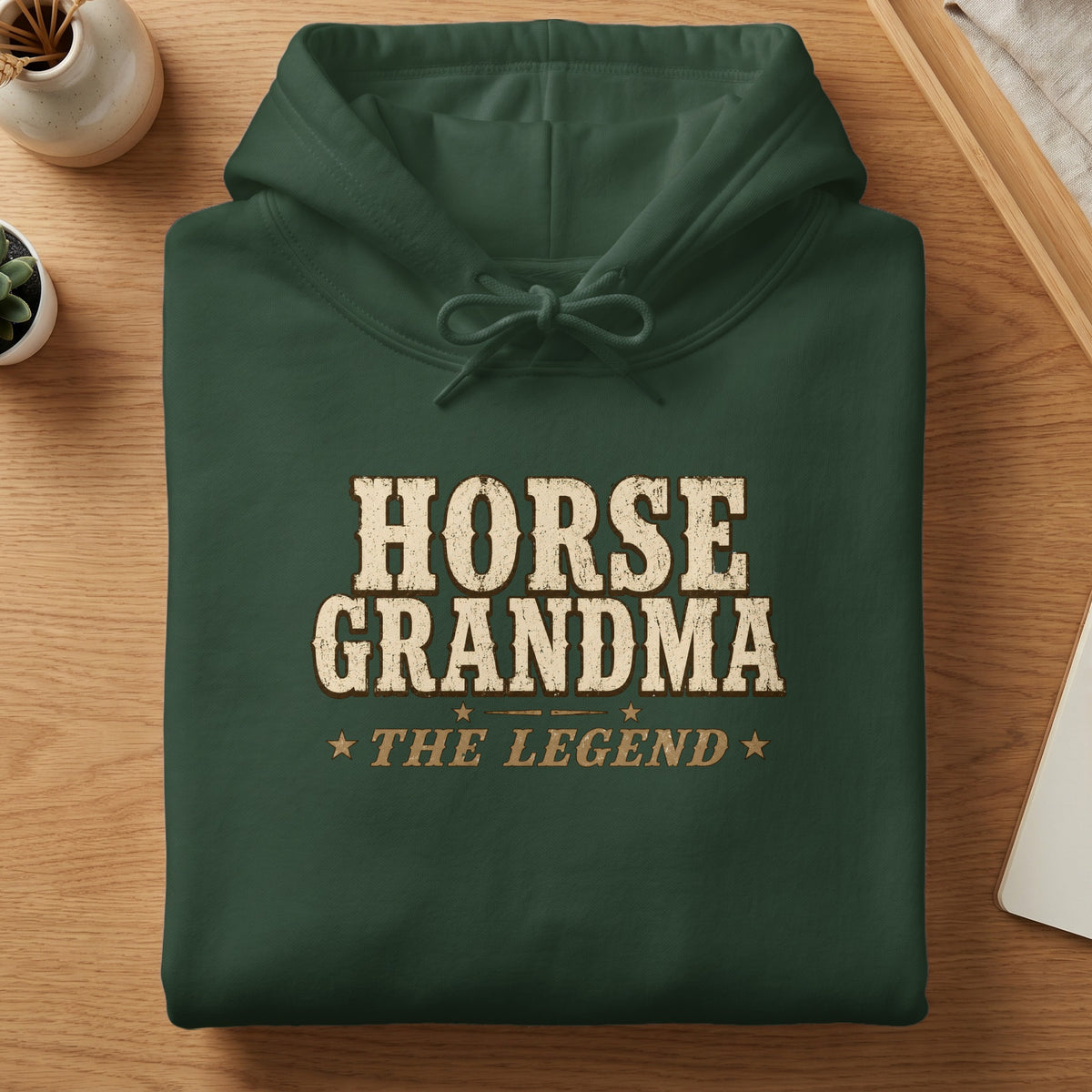 Green hoodie with "HORSE GRANDMA THE LEGEND" text.