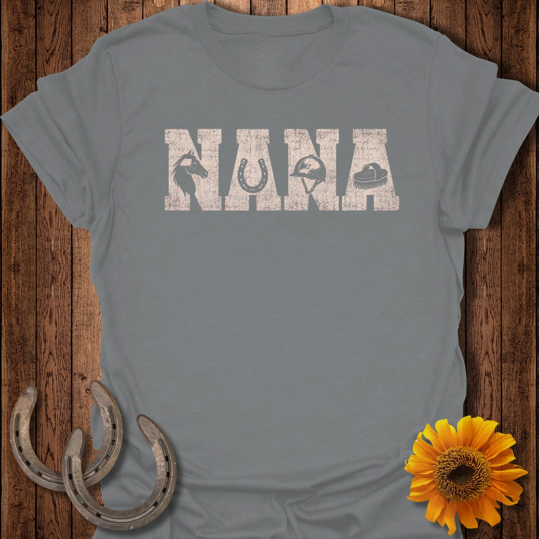 Grey t-shirt with "NANA" in distressed font, featuring horse-related icons.