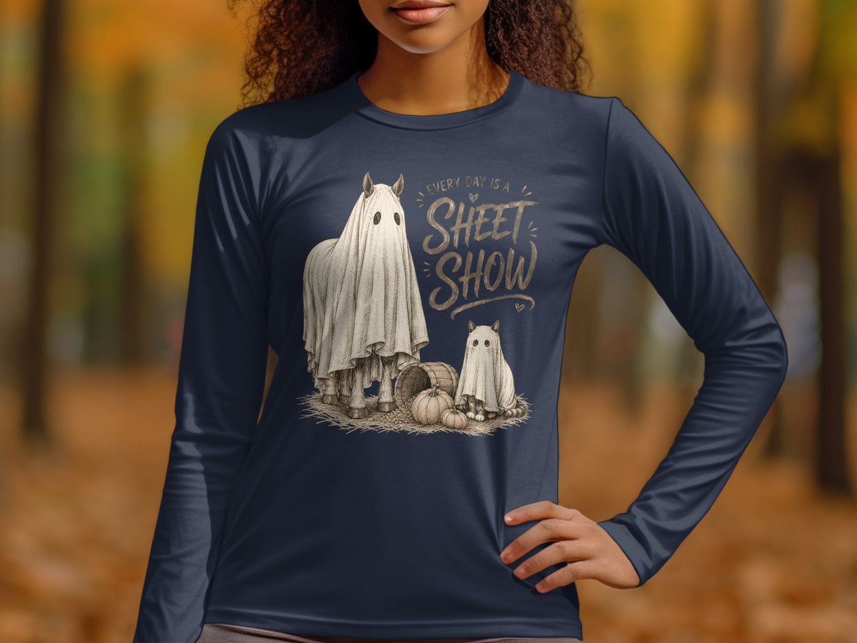 Horse and cat in ghost costumes with text "Every Day Is A Sheet Show".