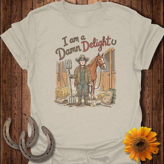 Woman in overalls with pitchfork stands by horse in stable with text "I am a Damn Delight".
