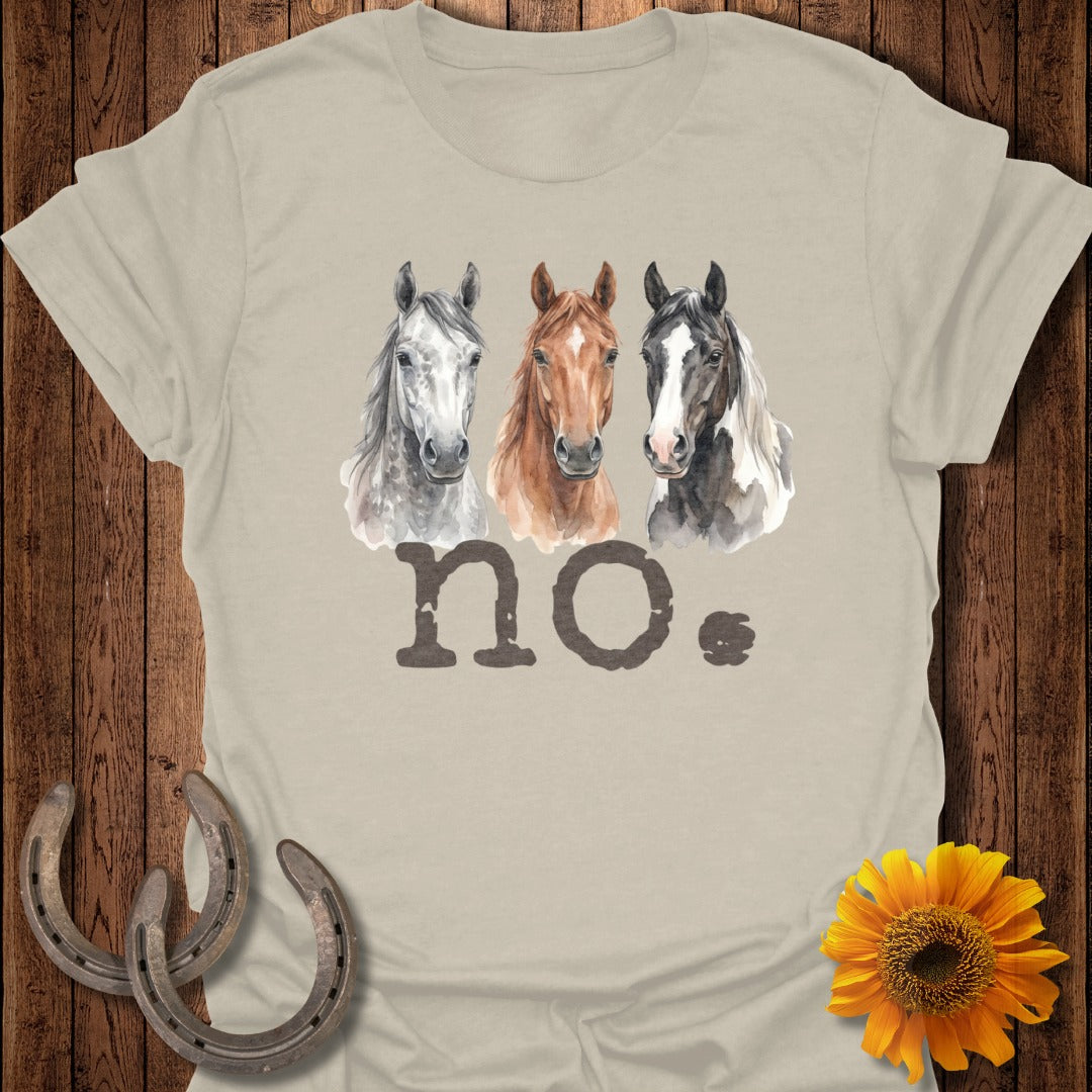 Three watercolor horses' heads above the text "no."