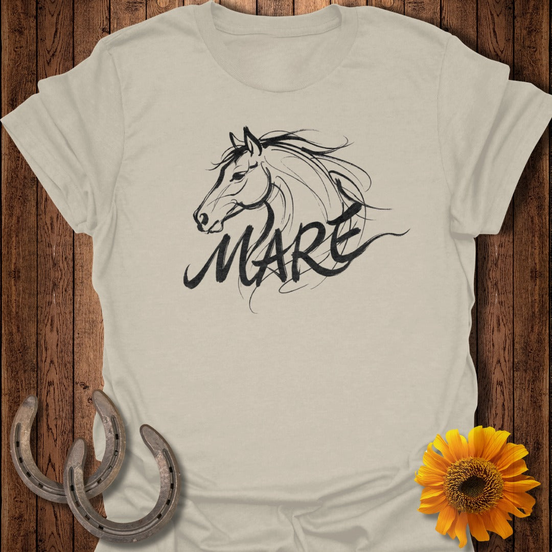 T-shirt with "Mare" text and horse head graphic, flanked by horseshoes and sunflower.