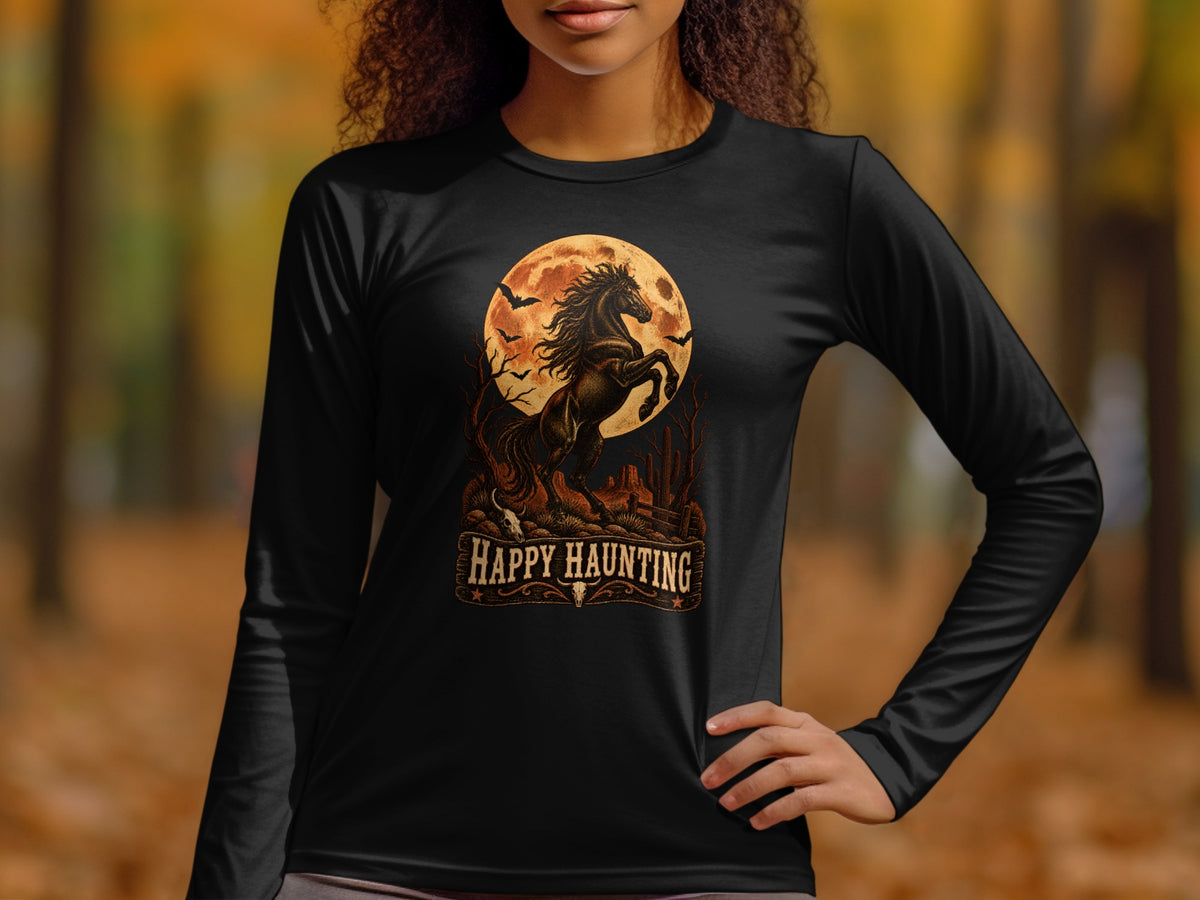 Black long sleeve shirt with a rearing horse, moon, bats, and "Happy Haunting" text design.