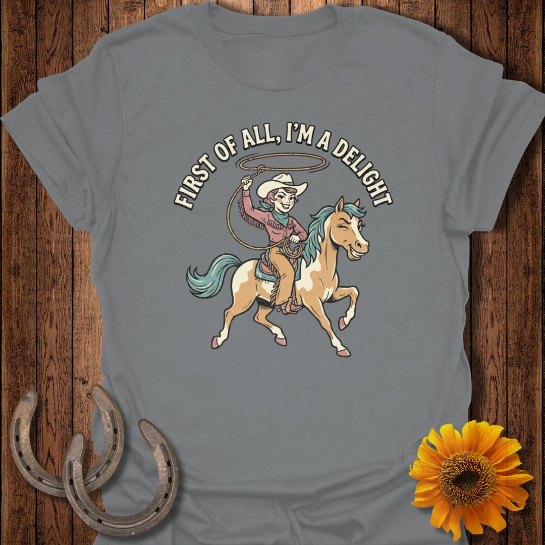 Cowgirl on horseback with lasso and text "First of all, I'm a delight."