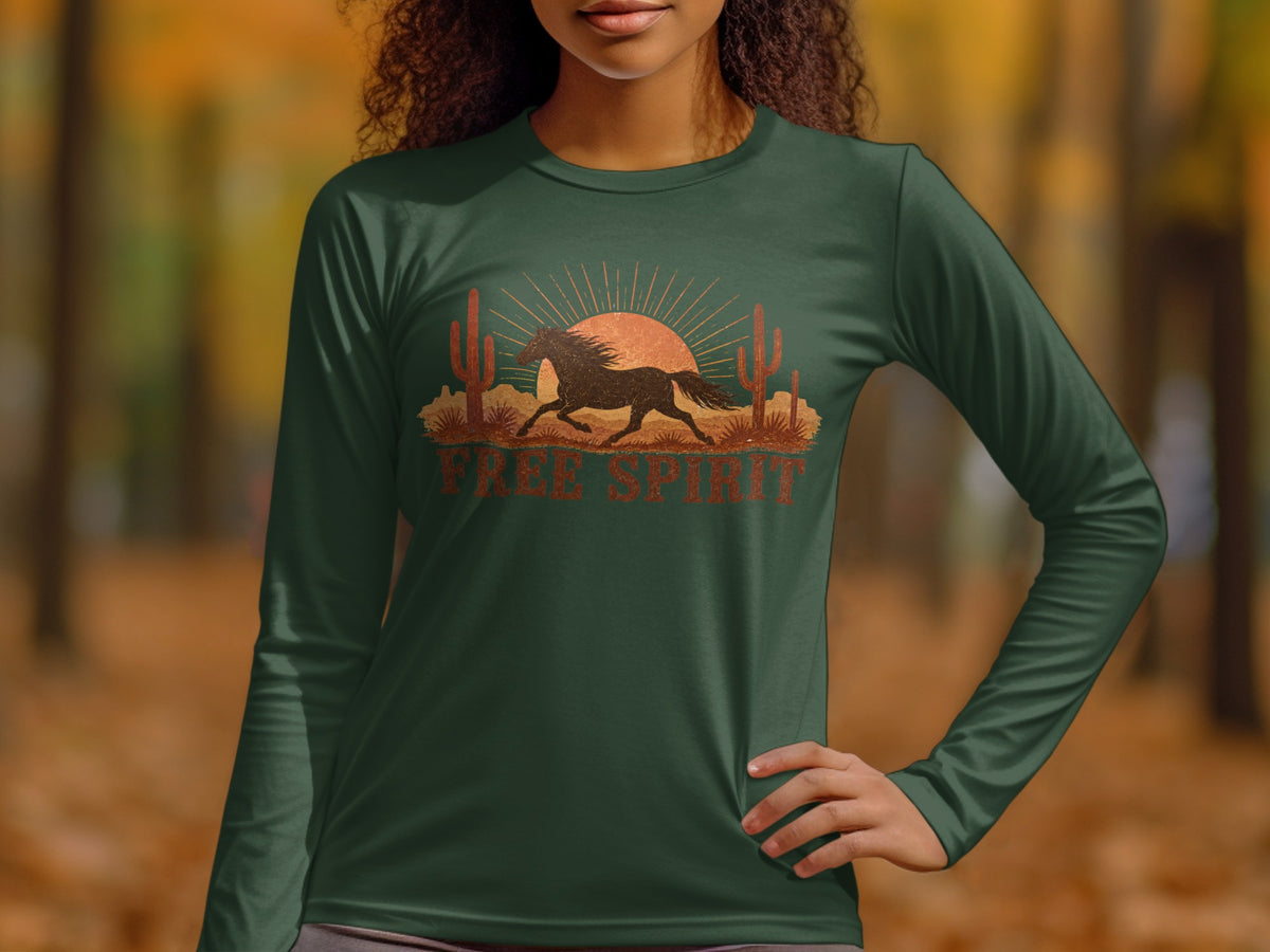 Long sleeve t-shirt with a running horse, cacti, and "FREE SPIRIT" text.