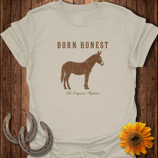 Light beige t-shirt with "BORN HONEST The Original Hybrid" and a donkey graphic.