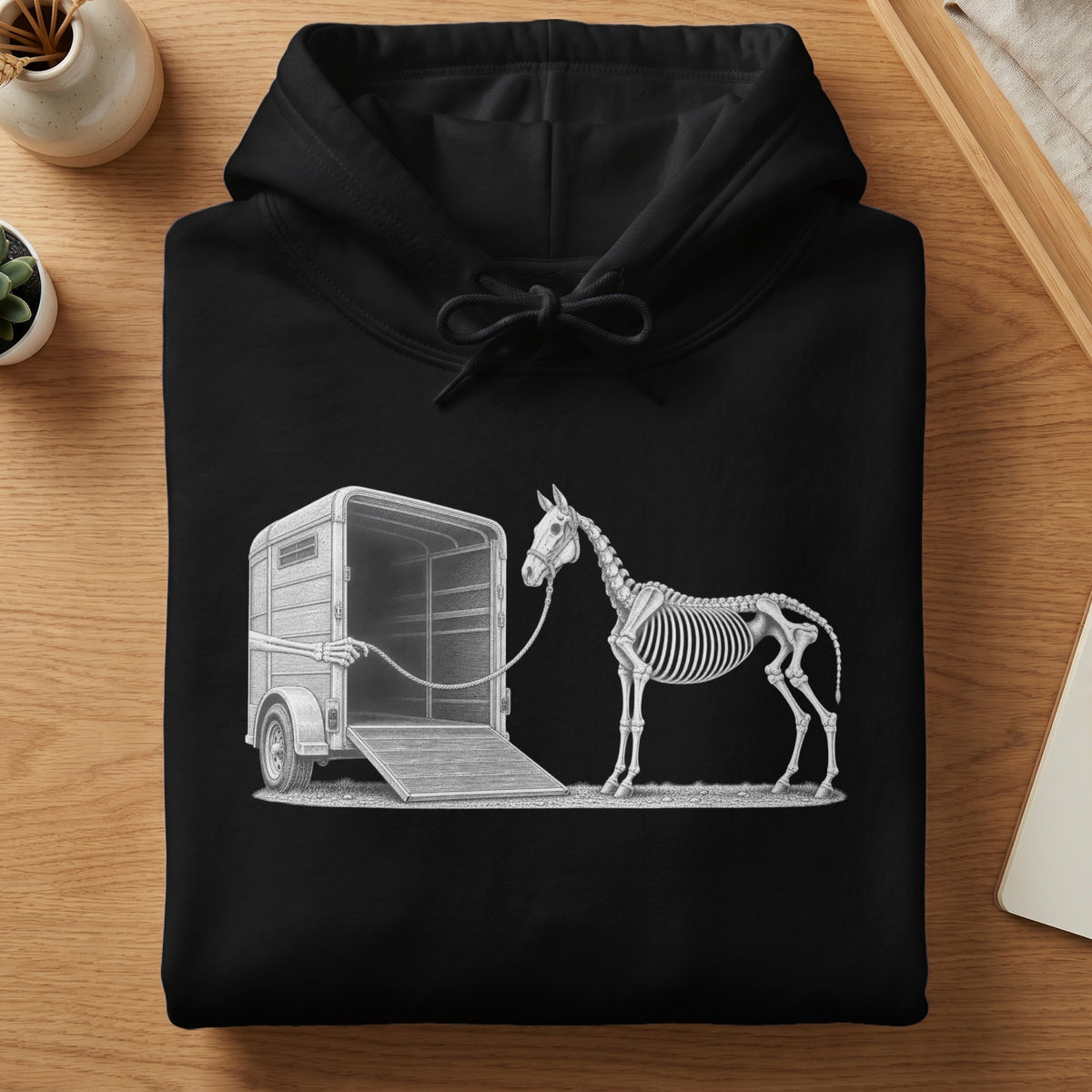 Skeleton horse being led by skeleton arm into a horse trailer.