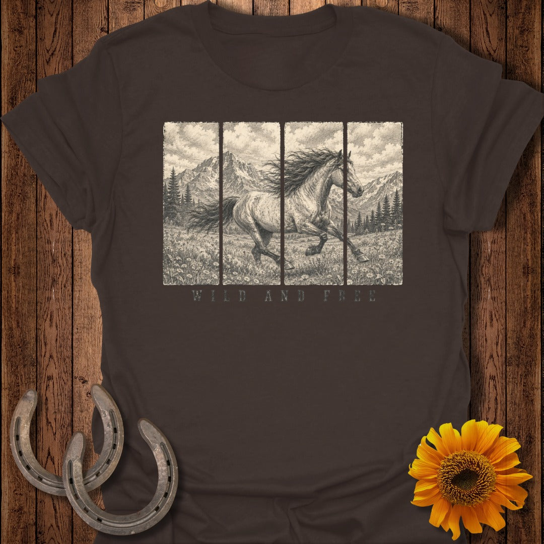 Dark brown t-shirt with running horse graphic and "Wild and Free" text.