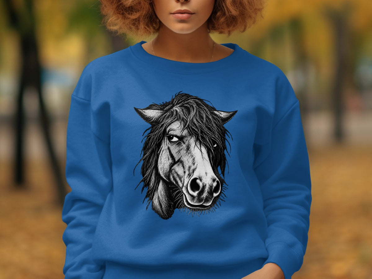 Blue sweatshirt with a detailed black and white horse head illustration.