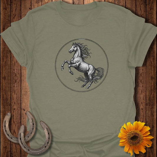 Horse rearing in circle with horseshoes and sunflower.
