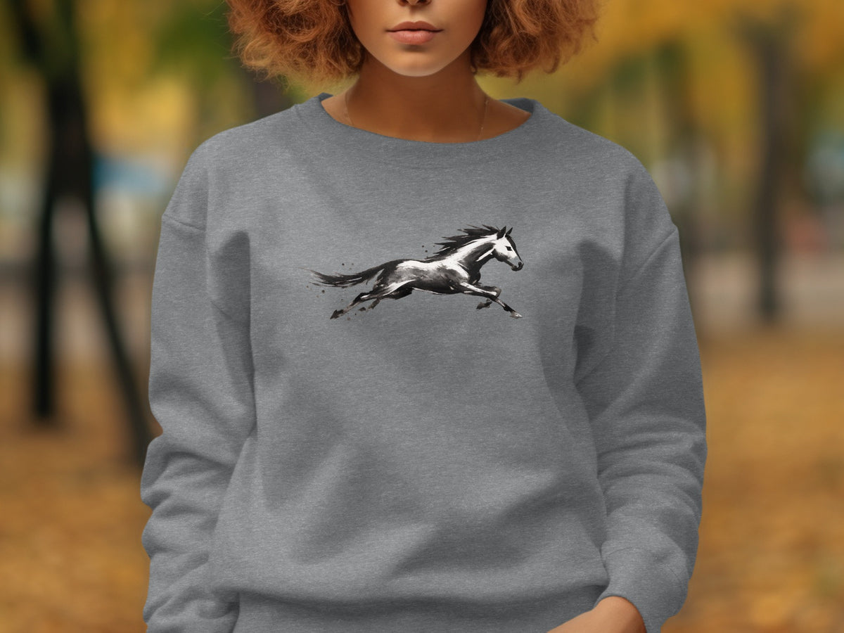 Grey sweatshirt with a black and white horse graphic in a watercolor style.
