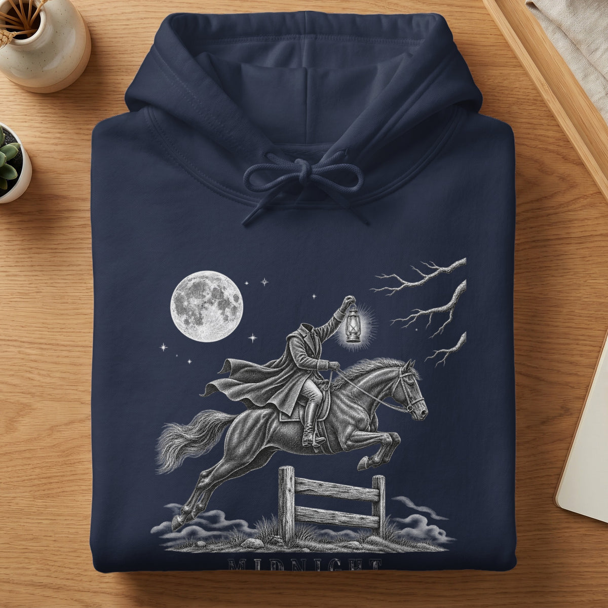Navy hoodie with a headless horseman jumping a fence under a full moon.