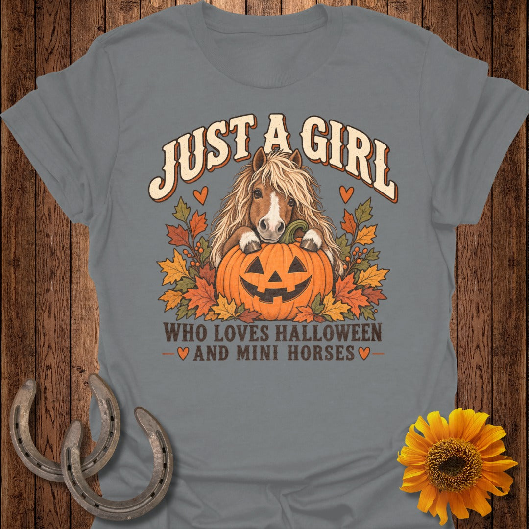Just a girl who loves Halloween and mini horses text with horse in pumpkin.
