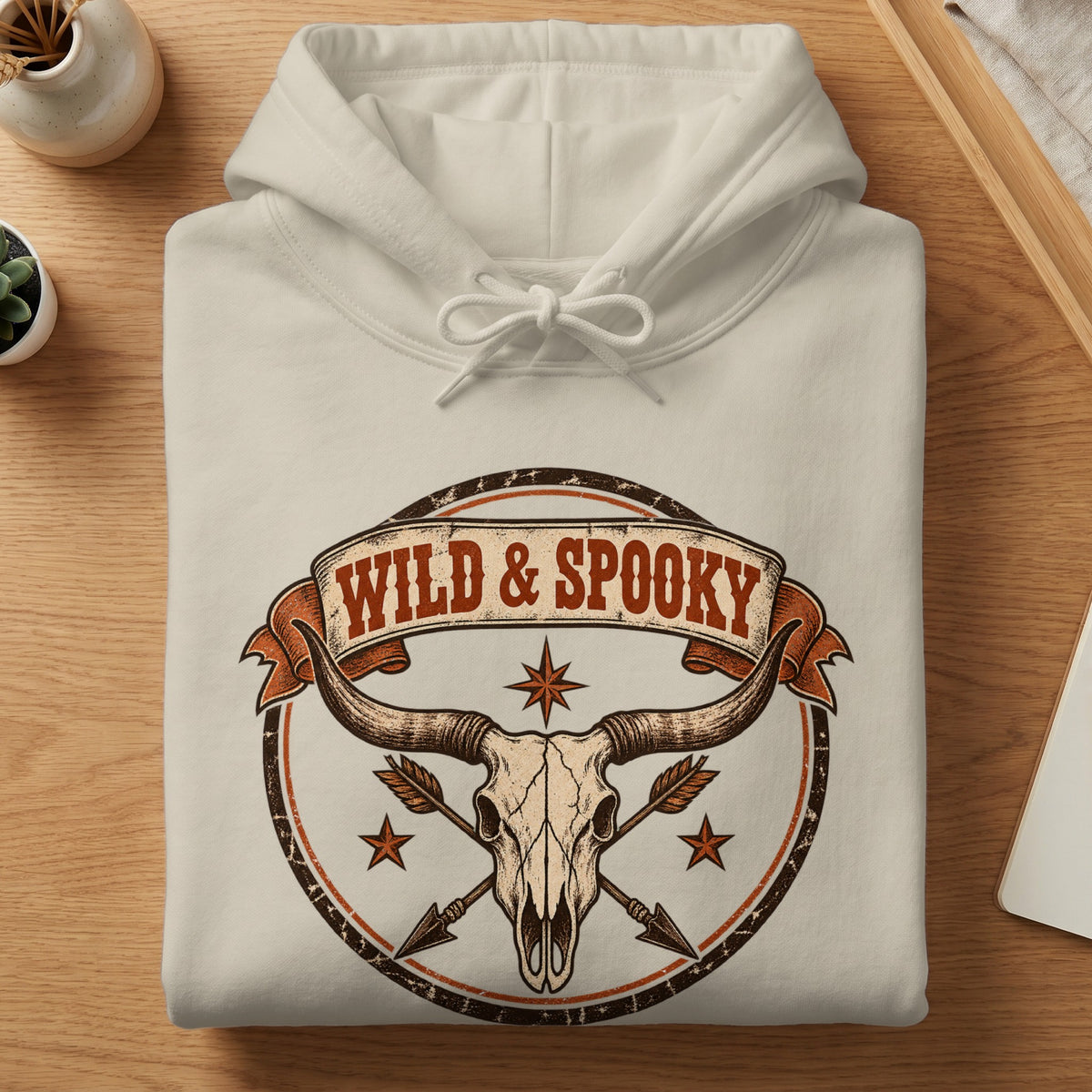 Cream hoodie with a circular graphic featuring a bull skull, arrows, and "Wild & Spooky" text.
