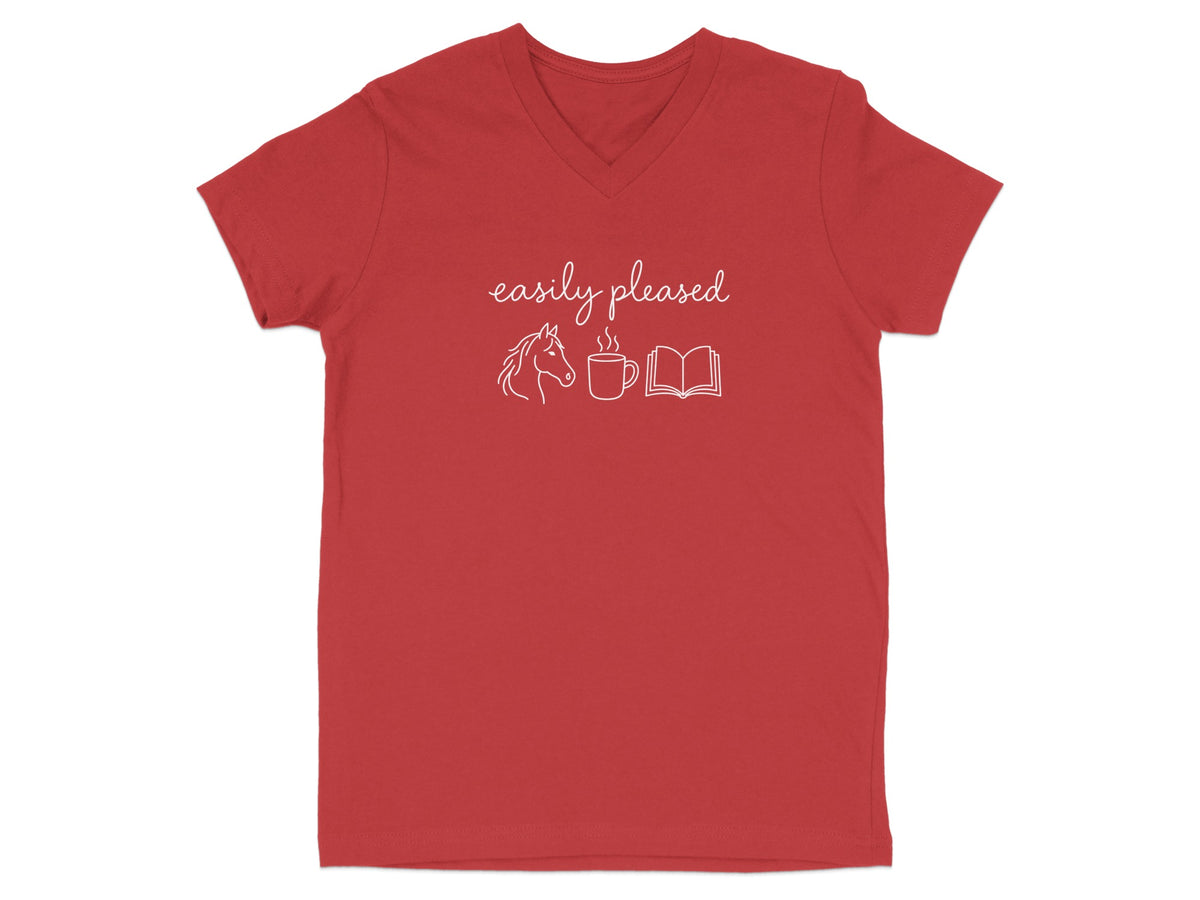 Red v-neck t-shirt with "easily pleased" and horse, coffee, book icons.
