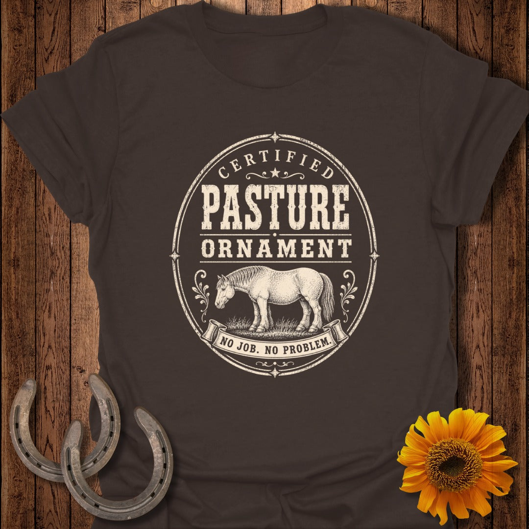 Brown t-shirt with "Certified Pasture Ornament No Job. No Problem." and a horse graphic.