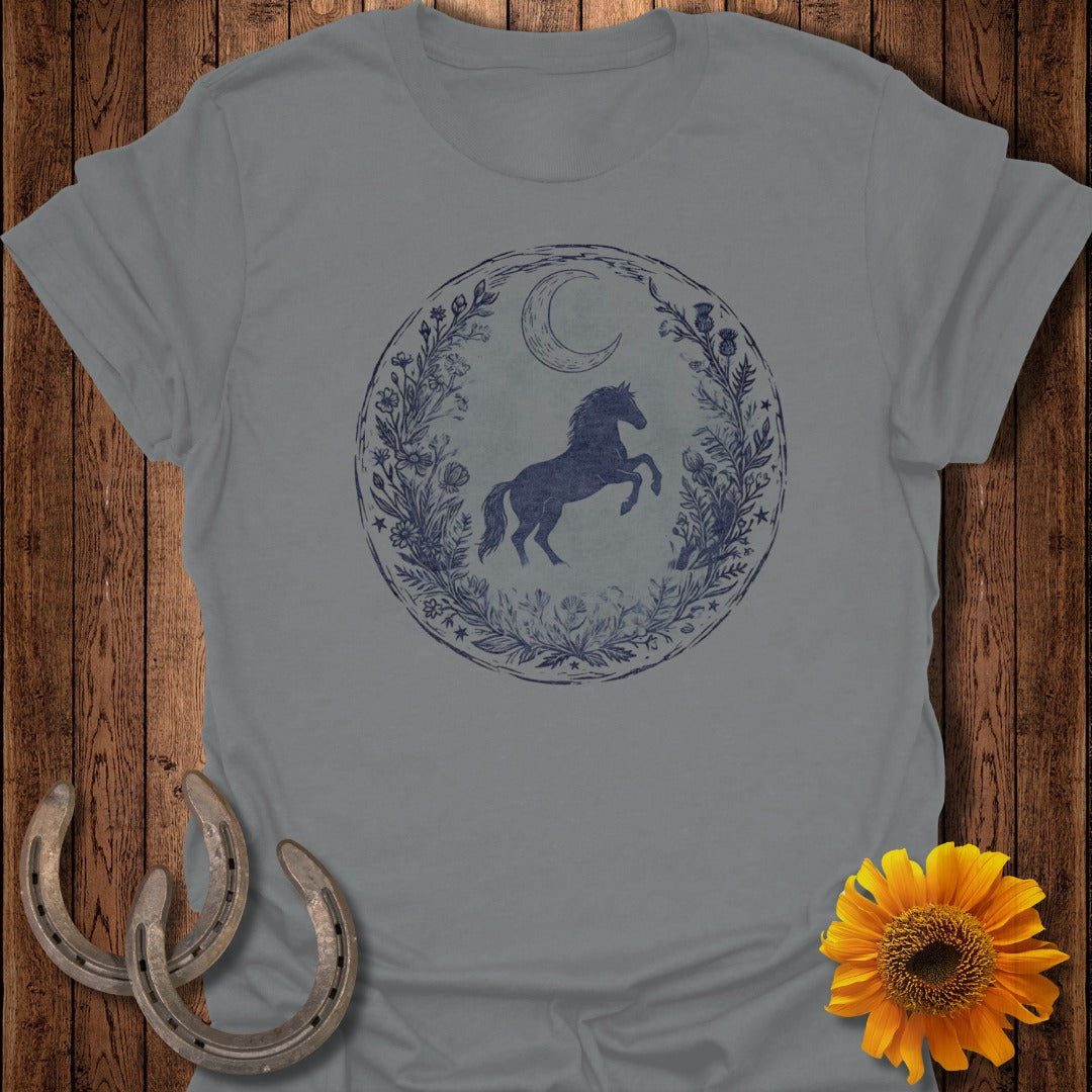 Gray t-shirt with a circular floral and moon design featuring a horse.
