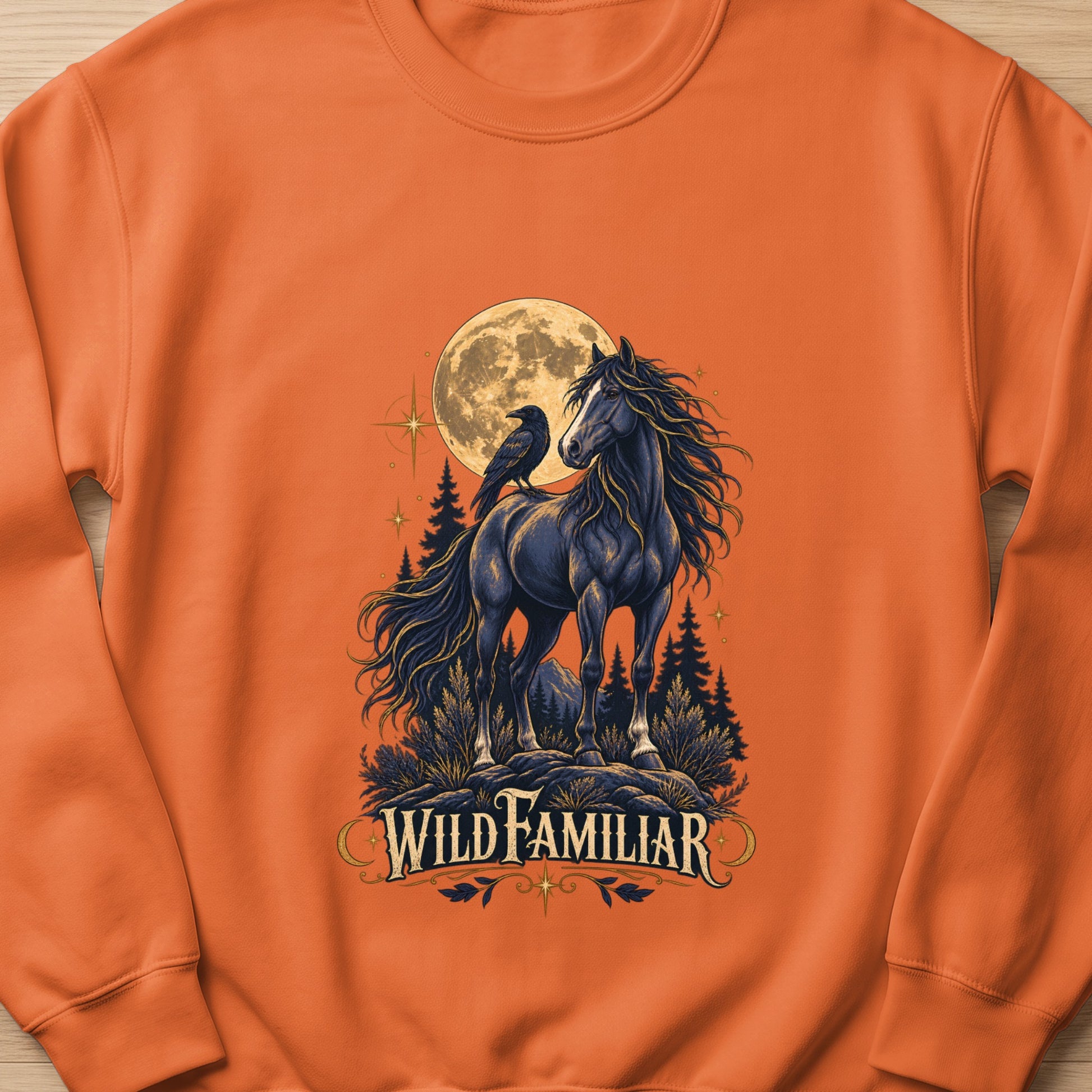 Black horse with crow under moon and trees, text "WILD FAMILIAR"