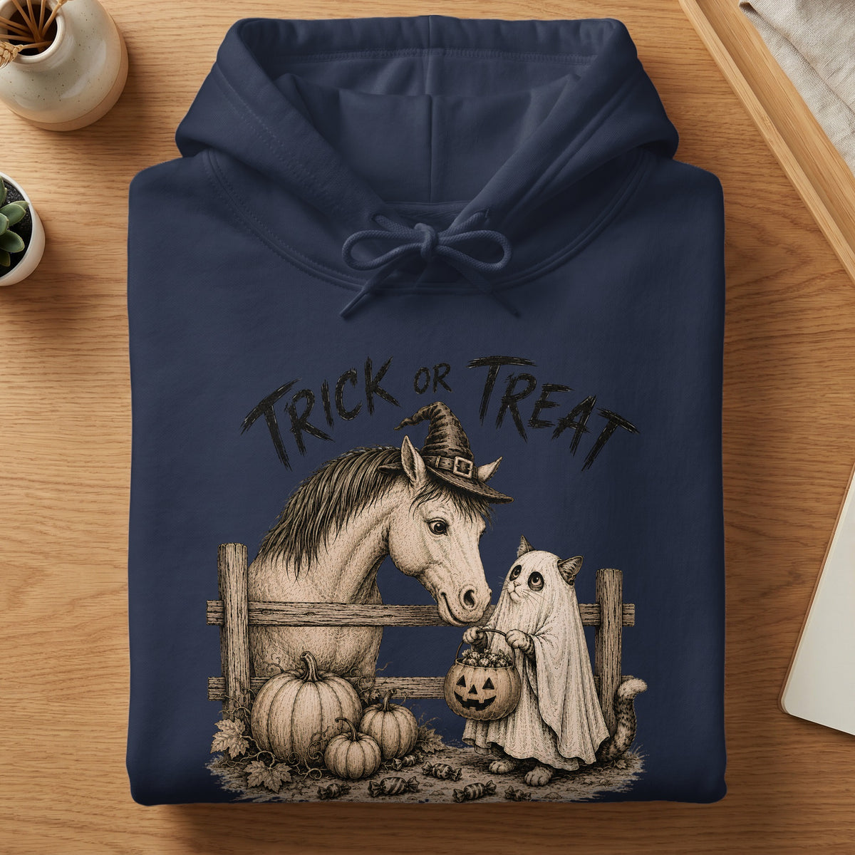 Horse wearing witch hat with cat in ghost costume and pumpkins.