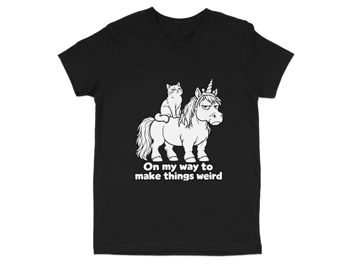 Black t-shirt with a cat riding a grumpy unicorn, text reads "On my way to make things weird".