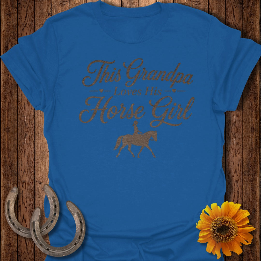 Blue t-shirt with "This Grandpa Loves His Horse Girl" text and horse rider graphic.