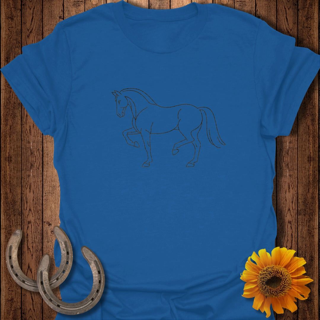 Blue t-shirt with a black line drawing of a horse and horseshoes.