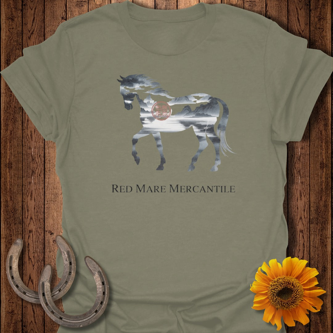 Olive green t-shirt with horse silhouette filled with mountain landscape, featuring "RED MARE MERCANTILE".