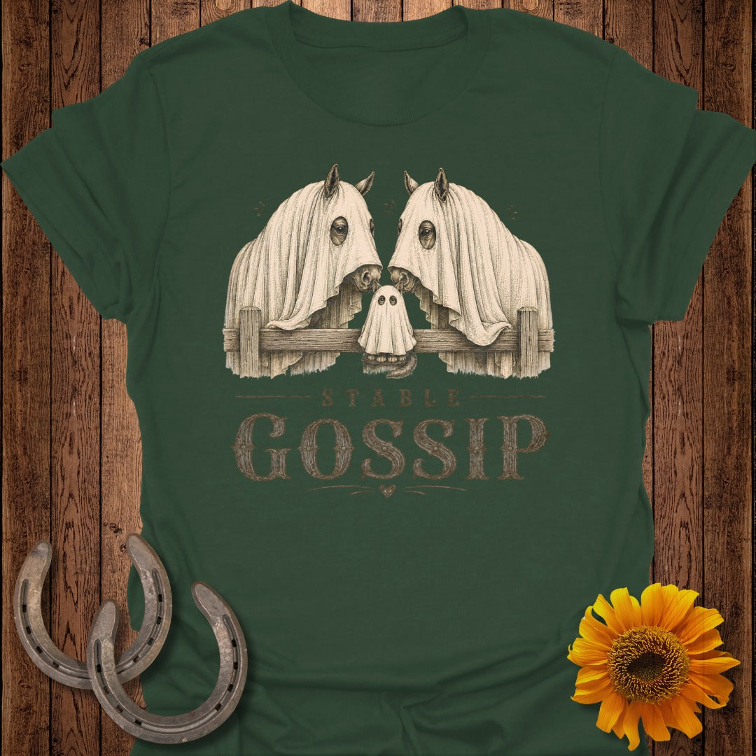 Two horses and a ghost under sheets with "Stable Gossip" text.