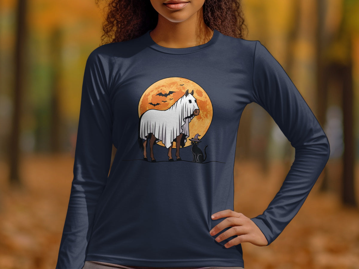 Horse in ghost costume and black cat with witch hat under full moon.