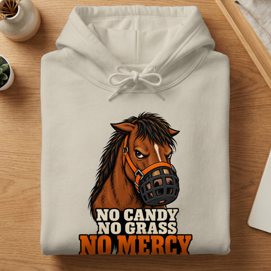 Cream hoodie with a brown horse wearing a muzzle and text reading "No Candy No Grass No Mercy".