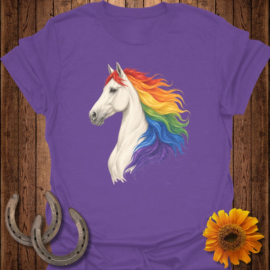 Purple t-shirt with a white horse head and rainbow mane.