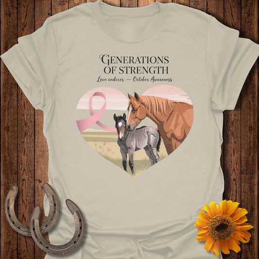 Horse and foal illustration with "Generations of Strength" text and pink ribbon.
