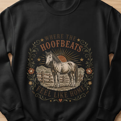 Horse standing in a field with mountains, text reads "Where the hoofbeats feel like home."