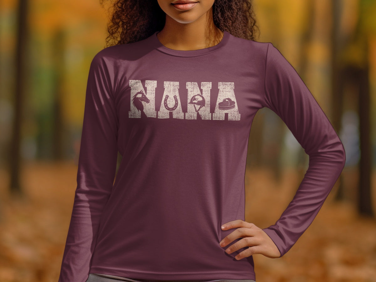 Long sleeve burgundy shirt with "NANA" graphic featuring horse, horseshoe, helmet, and brush.