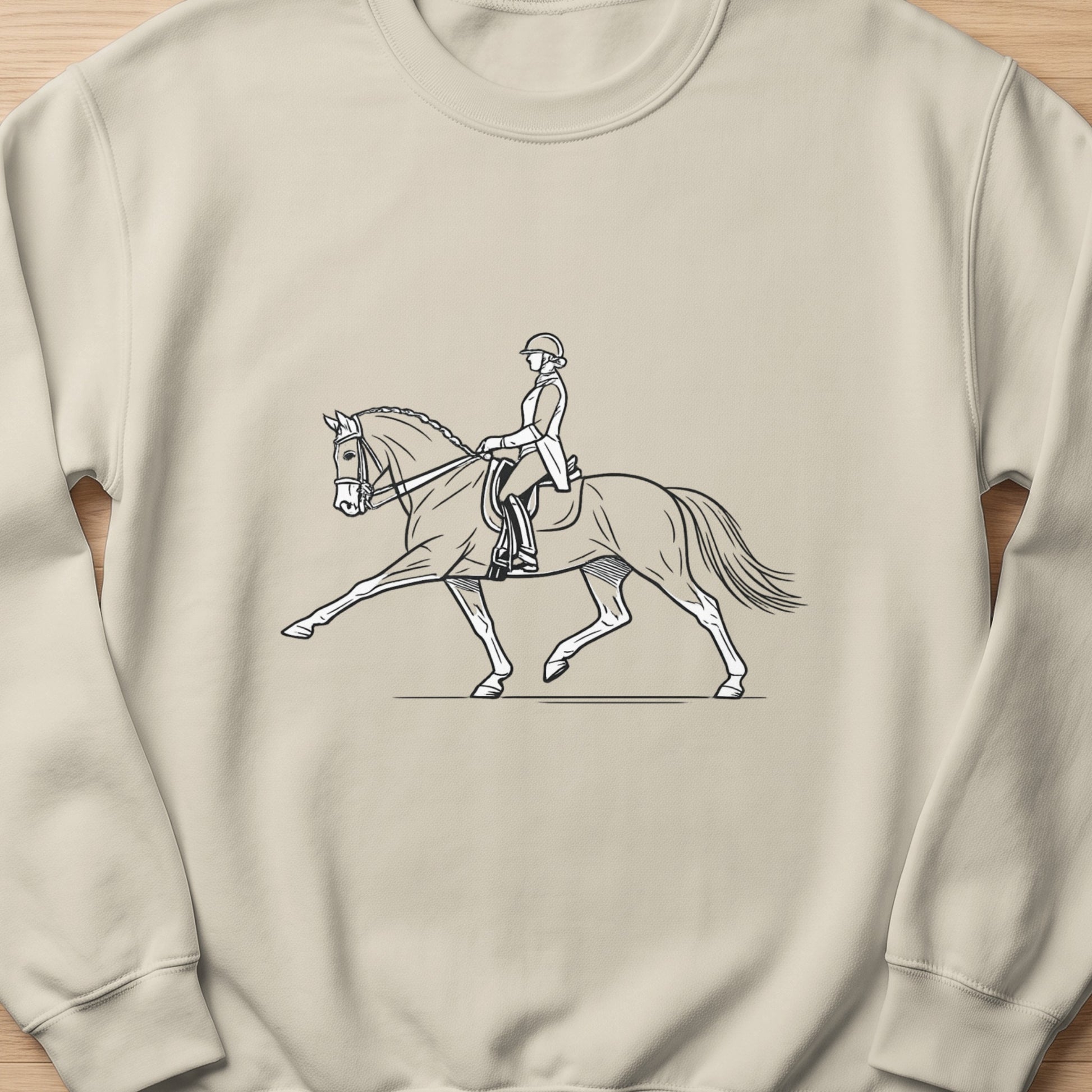 Line drawing of a horse and rider in dressage during a competition.