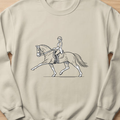 Line drawing of a horse and rider in dressage during a competition.