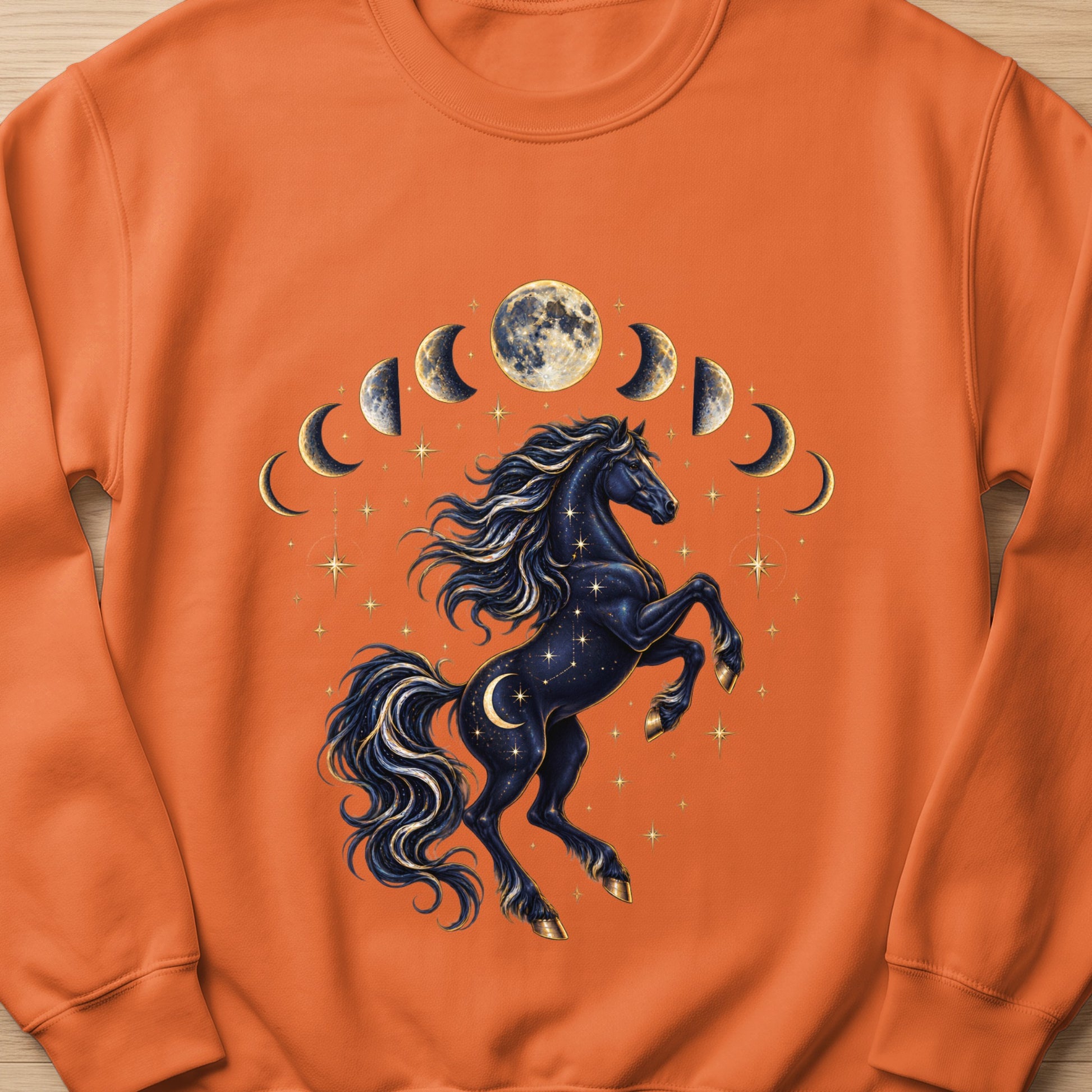 Black horse with celestial design surrounded by moon phases and stars.
