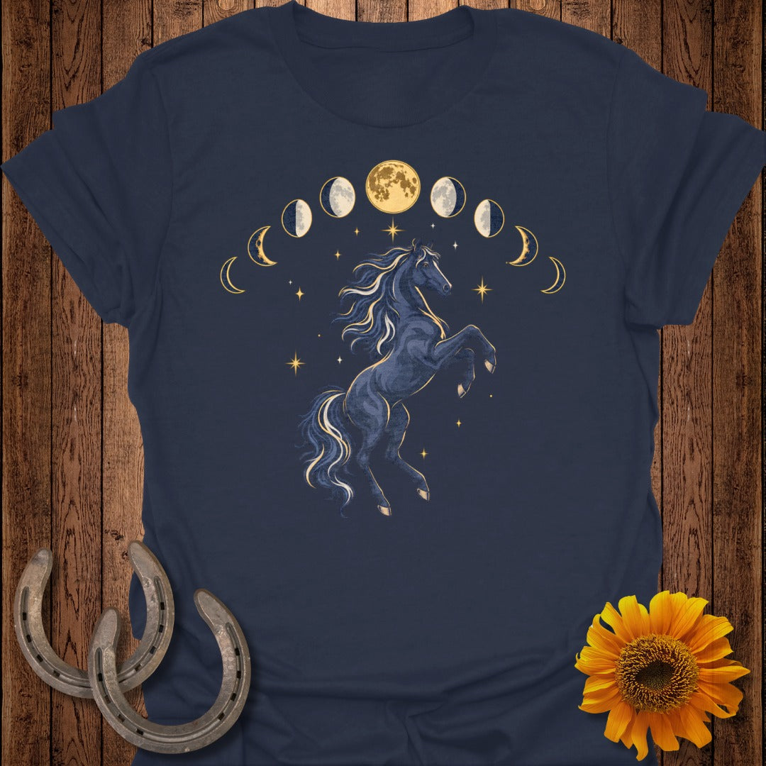 Dark blue t-shirt with a rearing dark horse, moon phases, and stars design.