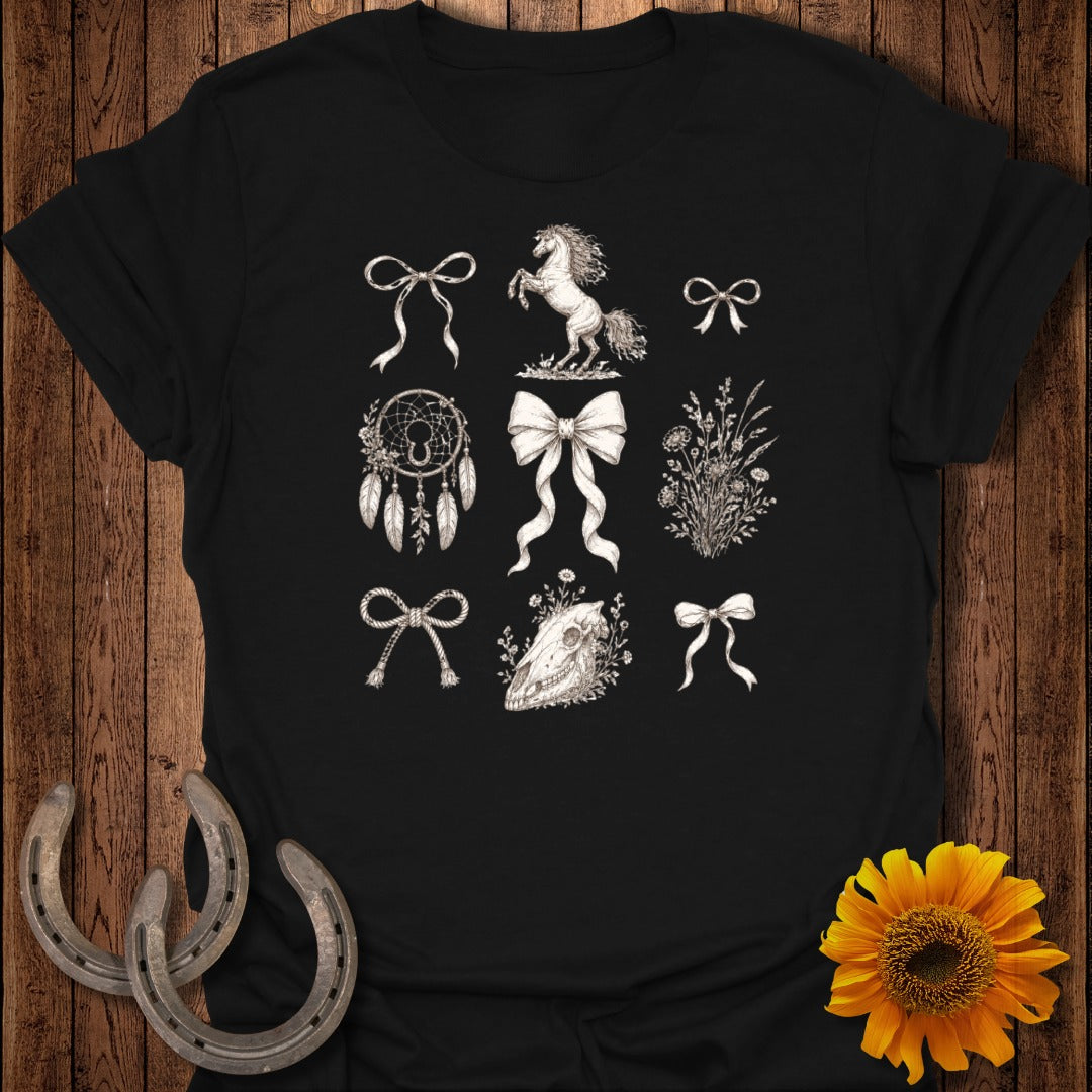 Black t-shirt featuring white illustrations of horses, bows, dreamcatcher, and floral elements.