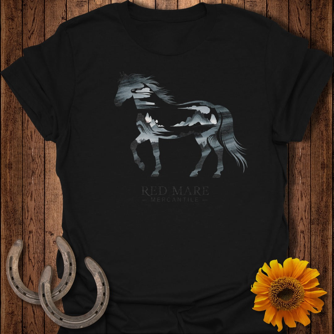 Black t-shirt with a white and gray horse silhouette filled with a mountain landscape.