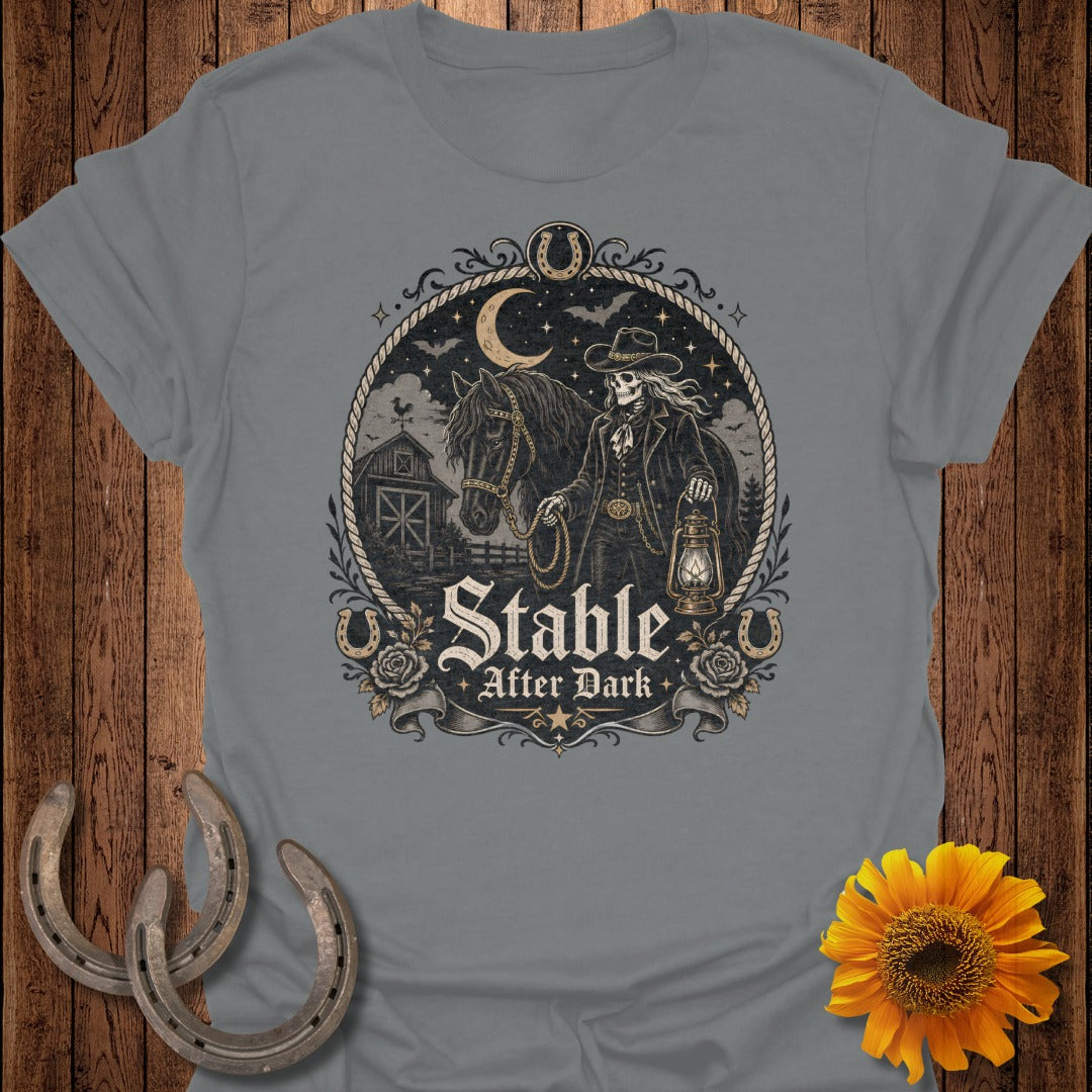 Skeleton cowboy holds lantern beside horse with barn and moon, "Stable After Dark" text.
