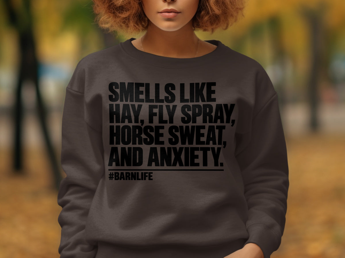 Dark grey sweatshirt with black text: Smells like hay, fly spray, horse sweat, and anxiety. #barnlife